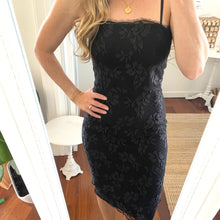 Load image into Gallery viewer, Size 6 BEC AND BRIDGE Black Lace Cocktail Pencil Dress with removable straps below the Knee length
