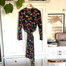 Load image into Gallery viewer, Caroline Morgan Size 12  Lycra Blue Dress RRP $99 Floral Long Sleeve Wrap Waist
