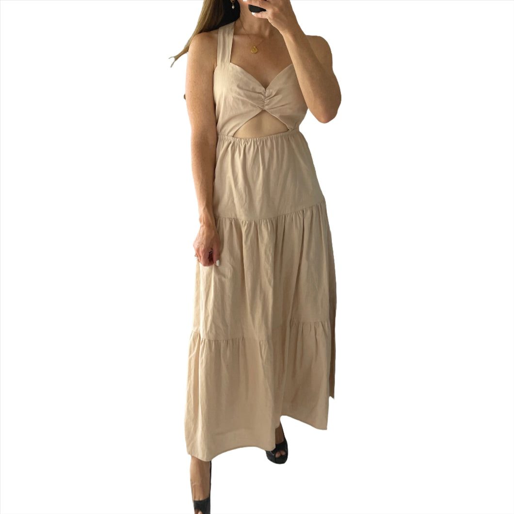 Charlie Holiday Dress Size 8 - 10 Beige RRP $159 Maxi Cut Out