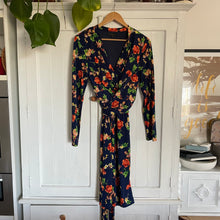 Load image into Gallery viewer, Caroline Morgan Size 12  Lycra Blue Dress RRP $99 Floral Long Sleeve Wrap Waist
