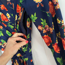 Load image into Gallery viewer, Caroline Morgan Size 12  Lycra Blue Dress RRP $99 Floral Long Sleeve Wrap Waist
