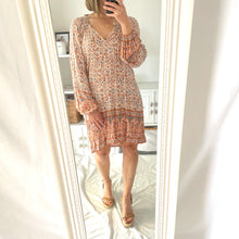 Load image into Gallery viewer, Arnhem Size 8 Long Sleeve Short Dress Paisley RRP $169 Boho Floral Beige
