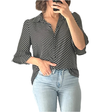 Load image into Gallery viewer, Portmans Size 10 Black White Stripe Ruffle Sleeve Shirt $79 Business Work
