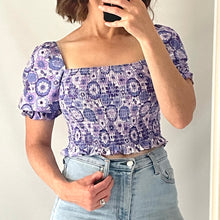 Load image into Gallery viewer, Sportsgirl Top Smocked Purple Floral Retro Boho Size AU 6 / US 2
