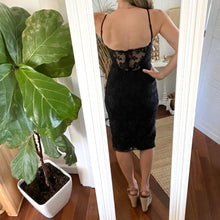 Load image into Gallery viewer, Size 6 BEC AND BRIDGE Black Lace Cocktail Pencil Dress with removable straps below the Knee length
