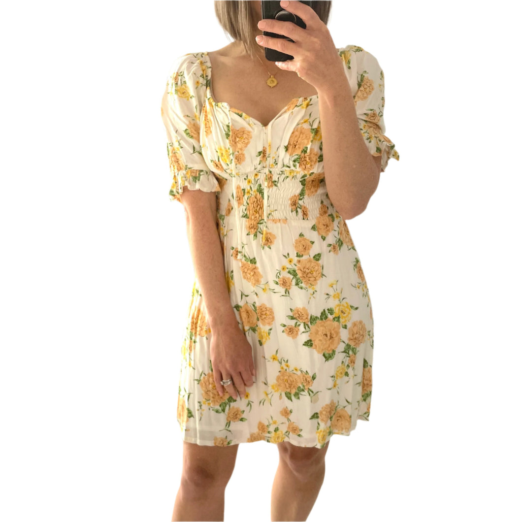 Faithfull the Brand Size 8 White Yellow Flower Short Dress RRP $180 Summer Casual