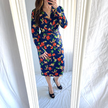 Load image into Gallery viewer, Caroline Morgan Size 12  Lycra Blue Dress RRP $99 Floral Long Sleeve Wrap Waist
