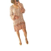 Load image into Gallery viewer, Arnhem Size 8 Long Sleeve Short Dress Paisley RRP $169 Boho Floral Beige
