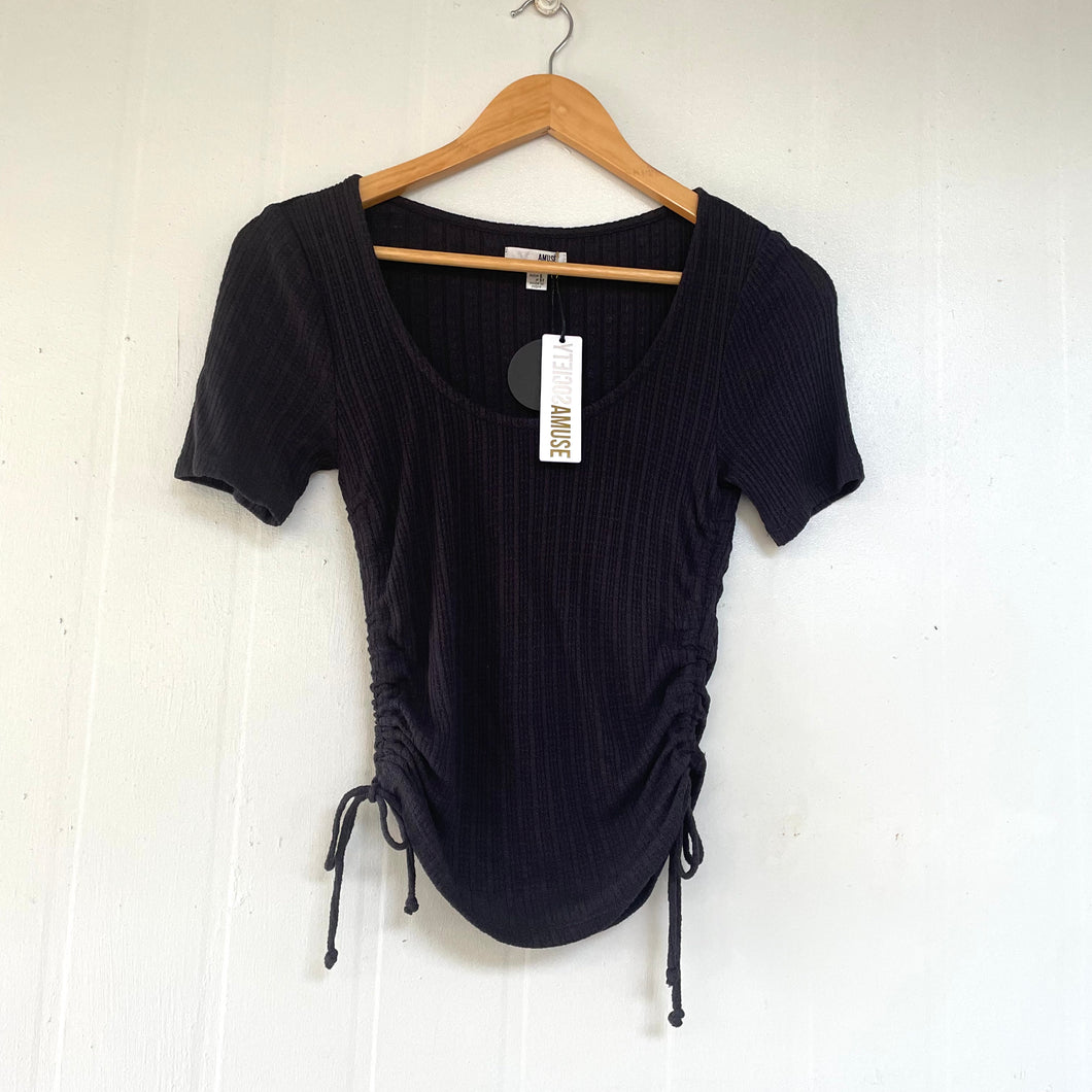 Amuse Society Size 6 - 8 Black Tee RRP $49 Stretchy Short Sleeves Ties T-Shirt