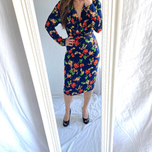 Load image into Gallery viewer, Caroline Morgan Size 12  Lycra Blue Dress RRP $99 Floral Long Sleeve Wrap Waist
