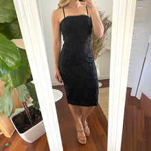 Load image into Gallery viewer, Size 6 BEC AND BRIDGE Black Lace Cocktail Pencil Dress with removable straps below the Knee length
