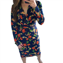 Load image into Gallery viewer, Caroline Morgan Size 12  Lycra Blue Dress RRP $99 Floral Long Sleeve Wrap Waist
