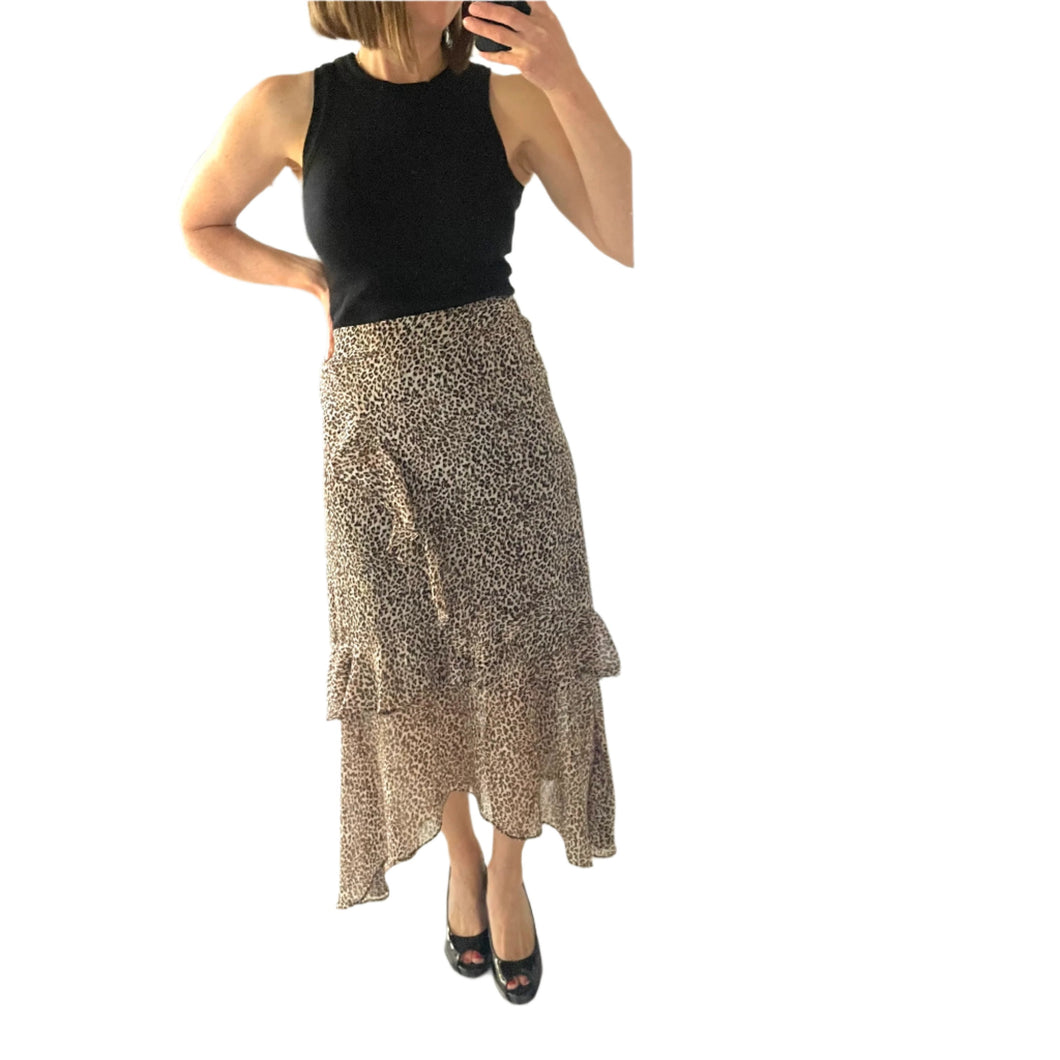 Decjuba Size 10 Leopard Print Midi Skirt RRP $89 Frill 90's Brown