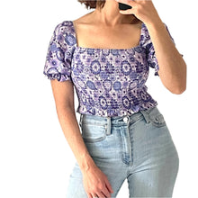 Load image into Gallery viewer, Sportsgirl Top Smocked Purple Floral Retro Boho Size AU 6 / US 2
