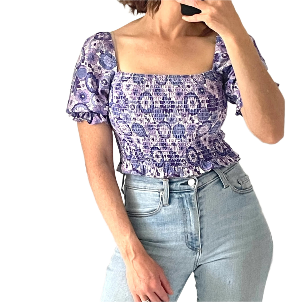 Sportsgirl Top Smocked Purple Floral Retro Boho Size AU 6 / US 2