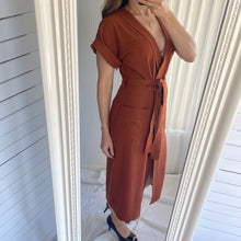 Load image into Gallery viewer, Missguided Size 8 Brown Copper Wrap midi dress RRP $79 Autumn Business
