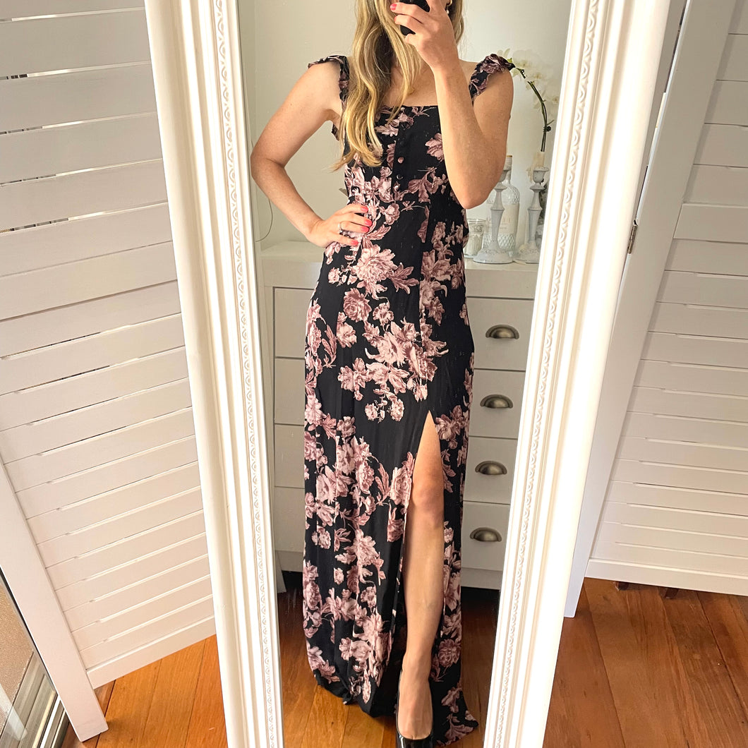Flynn Skye Black Size 6 Maxi Bardot Dress RRP $250 Summer Formal Floral XS
