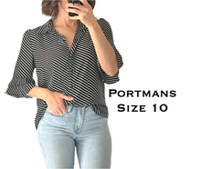 Load image into Gallery viewer, Portmans Size 10 Black White Stripe Ruffle Sleeve Shirt $79 Business Work
