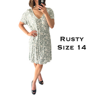 Load image into Gallery viewer, Rusty Size 14 Dress Blue Short Sleeve Floral Knee Length V Neck RRP $99
