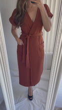 Load and play video in Gallery viewer, Missguided Size 8 Brown Copper Wrap midi dress RRP $79 Autumn Business
