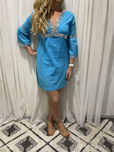 Load image into Gallery viewer, SMALL Blue Sequin 3/4 Bell Sleeve Dress
