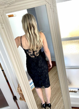 Load image into Gallery viewer, Size 6 BEC AND BRIDGE Black Lace Cocktail Pencil Dress with removable straps below the Knee length
